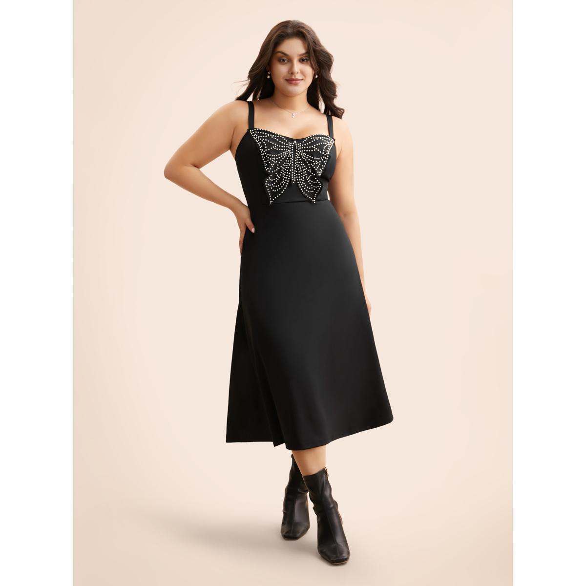 Plus Size Butterfly Pearl Beaded Cami Dress Black Women Elegant Beaded V-neck Sleeveless Curvy BloomChic 10/M Product Image