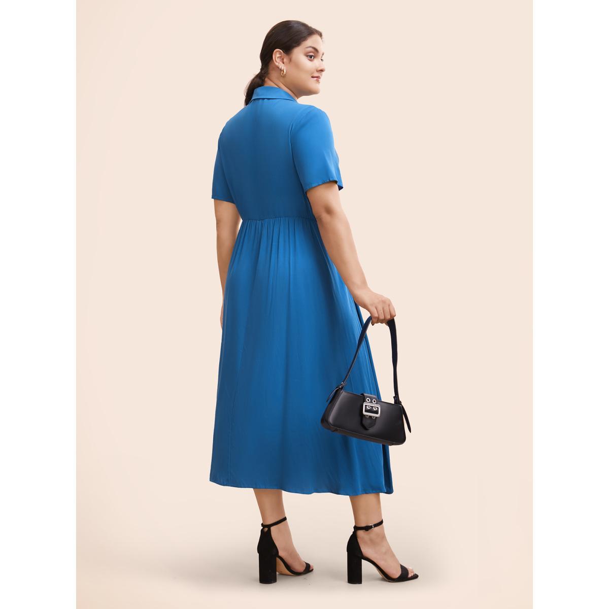 Plus Size Plain Shirt Collar Pleated Midi Dress Mediumblue Women At the Office Pleated Shirt collar Short sleeve Curvy BloomChic 12/L Product Image