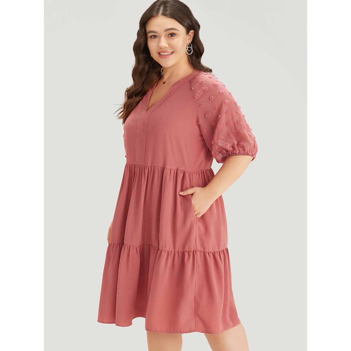 Plus Size Solid Notched Lantern Sleeve Ruffle Layered Hem Dress Watermelon Women Elegant Plain Notched collar Half Sleeve Curvy Knee Dress BloomChic 12/L Product Image