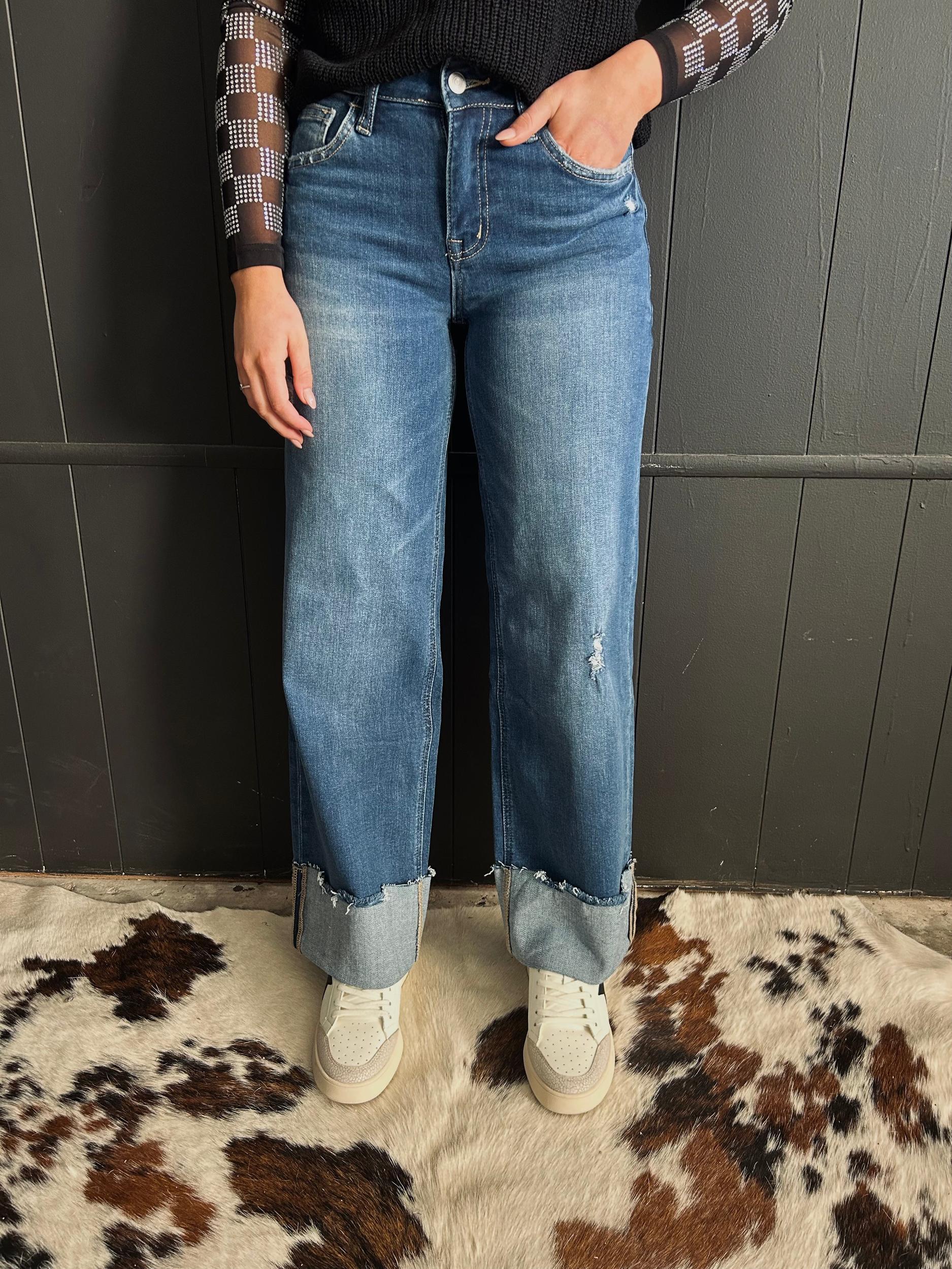 High Rise Wide Leg Cuff Jeans loop Product Image