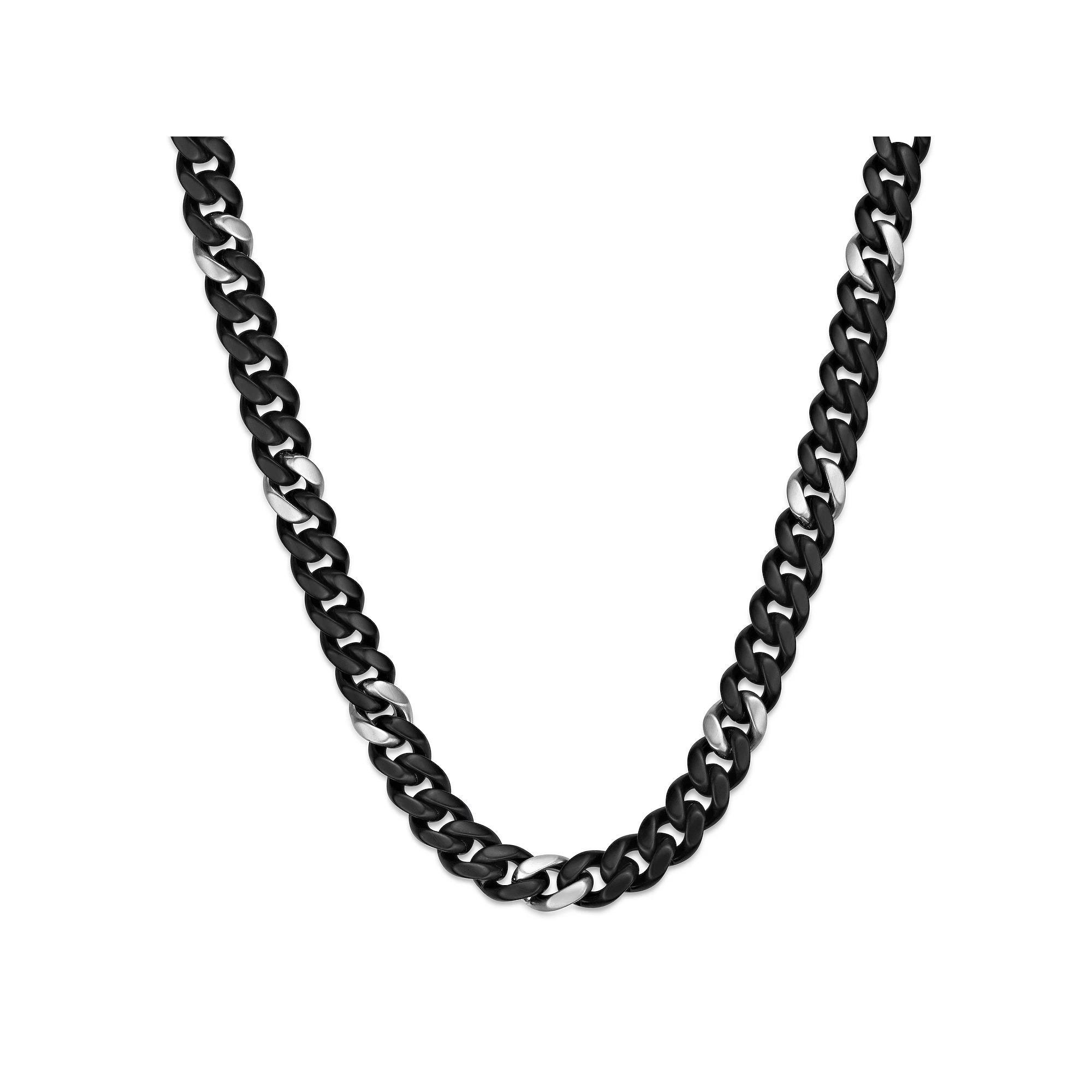 Men's LYNX 12 mm Matte Black Ion-Plated Stainless Steel Cuban Chain Necklace, Size: 24", Black Silver Tone Product Image