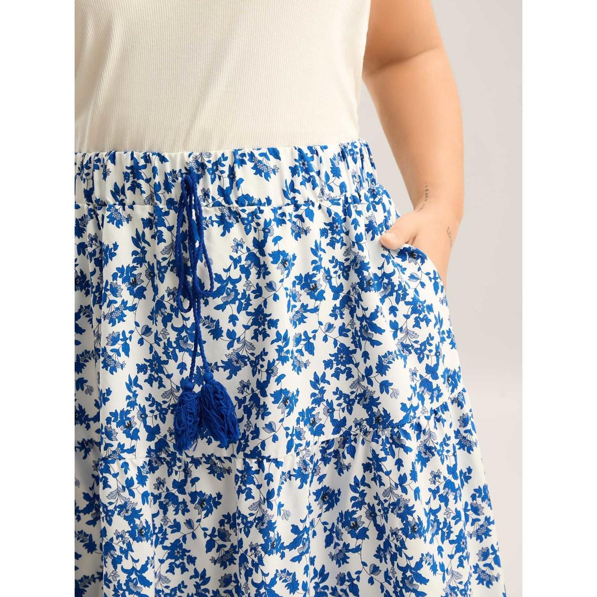 Plus Size Floral Boho Print Waist-Tie Maxi Skirt Women LightBlue Loose No stretch Side seam pocket Vacation Skirts BloomChic 10/M Product Image