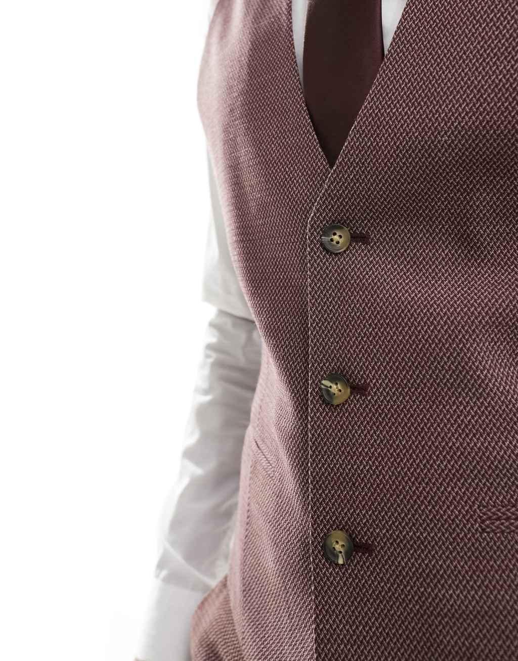 ASOS DESIGN wedding skinny suit vest in burgundy microtexture Product Image