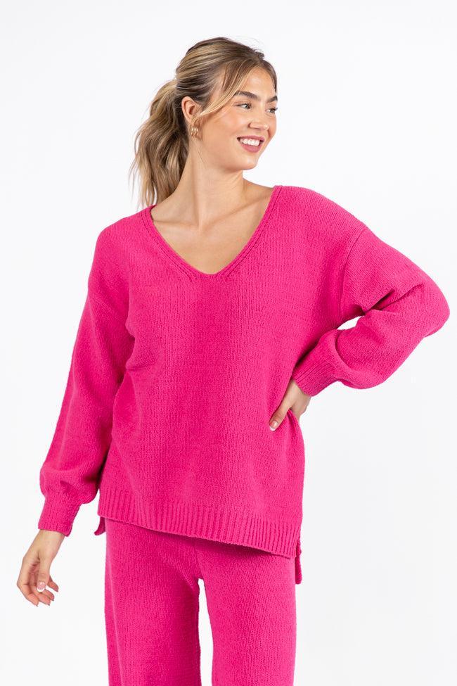 Cozy For Keeps Hot Pink V-Neck Sweater SALE Product Image