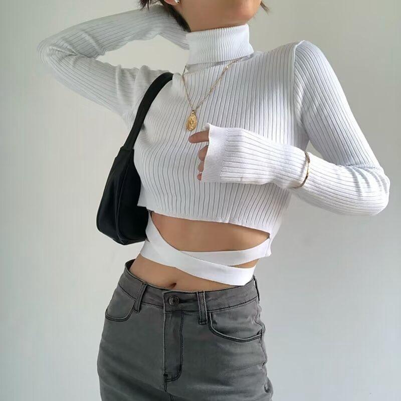 Long-Sleeve Turtleneck Plain Ribbed Crop Knit Top Product Image