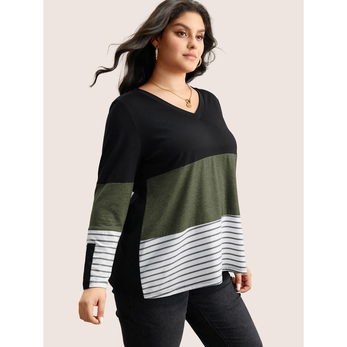 Plus Size Colorblock Contrast Striped V Neck T-shirt Green Women Casual Contrast Striped V-neck Everyday T-shirts BloomChic 14-16/1X Product Image