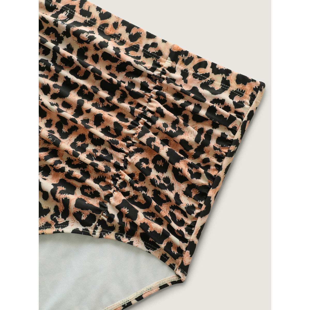 Plus Size Leopard Print Ruched Spliced Swim Bottoms Women's Swimwear Black Beach Gathered High stretch Skinny High Rise Curve Swim Bottoms BloomChic 12/L Product Image