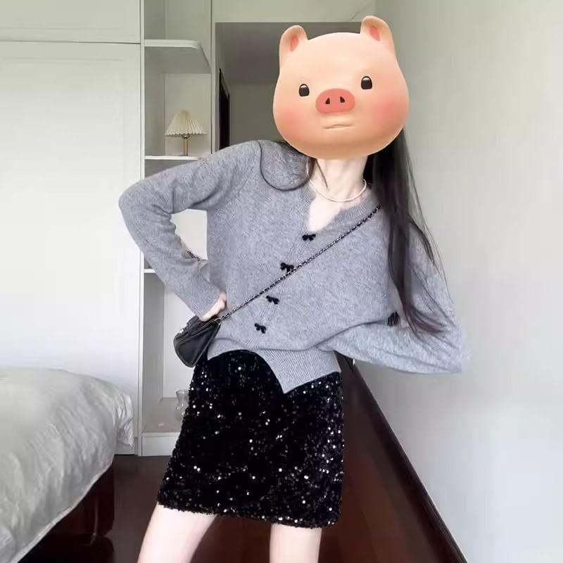 Notch Neck Plain Bow Sweater Product Image
