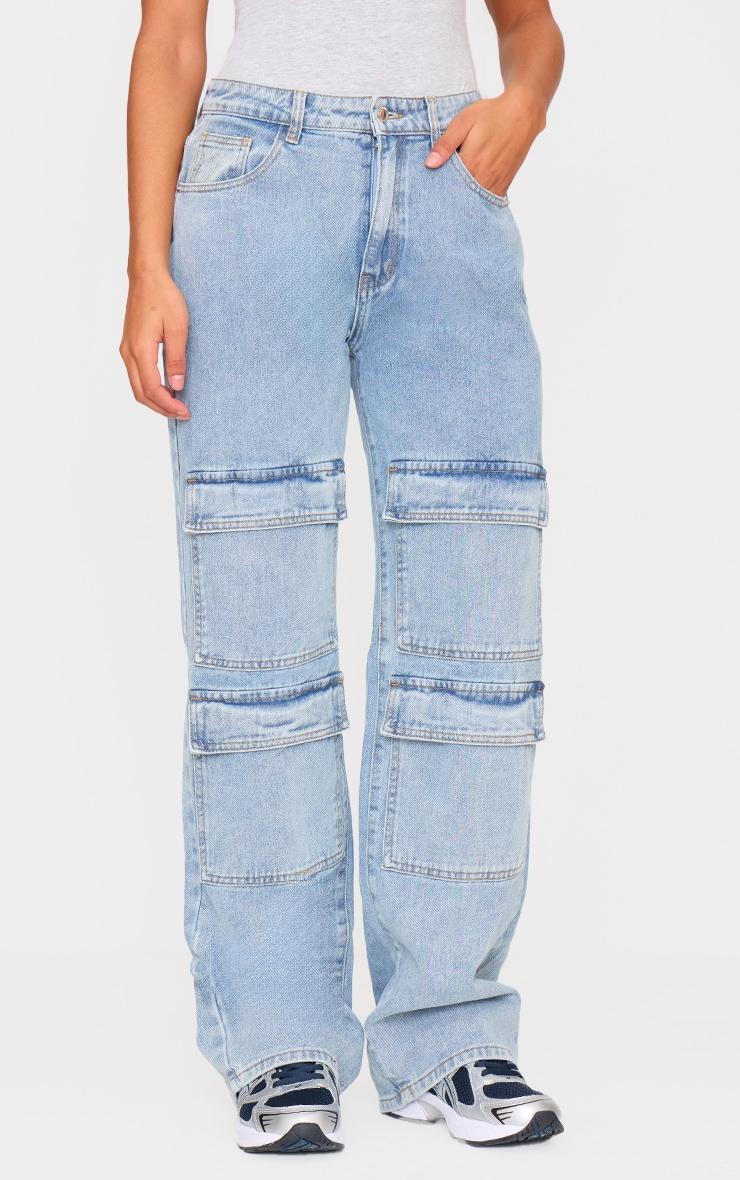 Light Blue Wash Cargo Front Pocket Baggy Boyfriend Jeans Product Image
