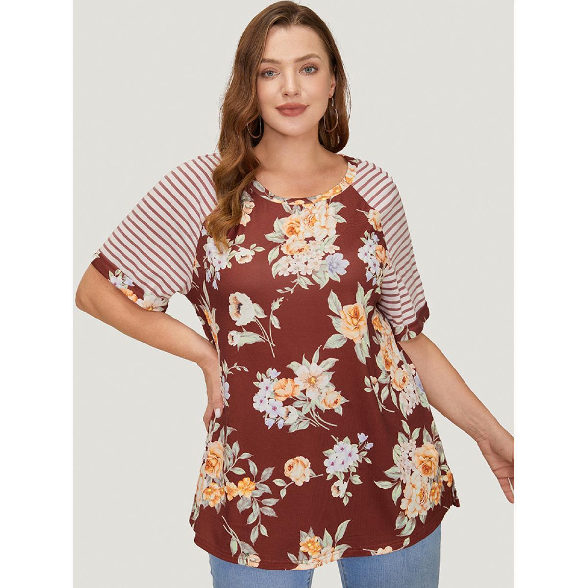 Plus Size Floral & Striped Print Patchwork Roll Raglan Sleeve T-shirt Burgundy Women Elegant Patchwork Striped Round Neck Dailywear T-shirts BloomChic 28/5X Product Image