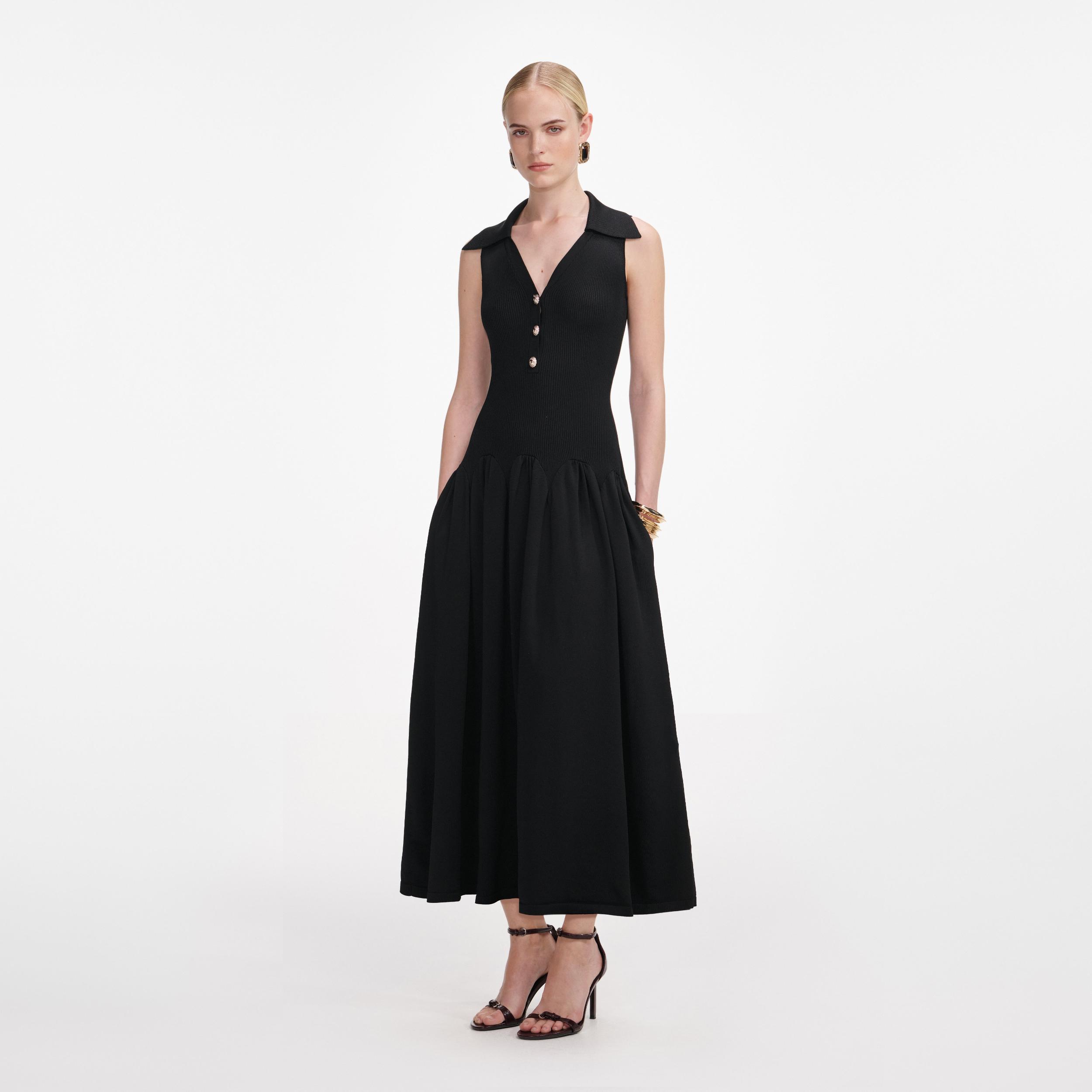 Black Ribbed Knit Midi Dress Product Image