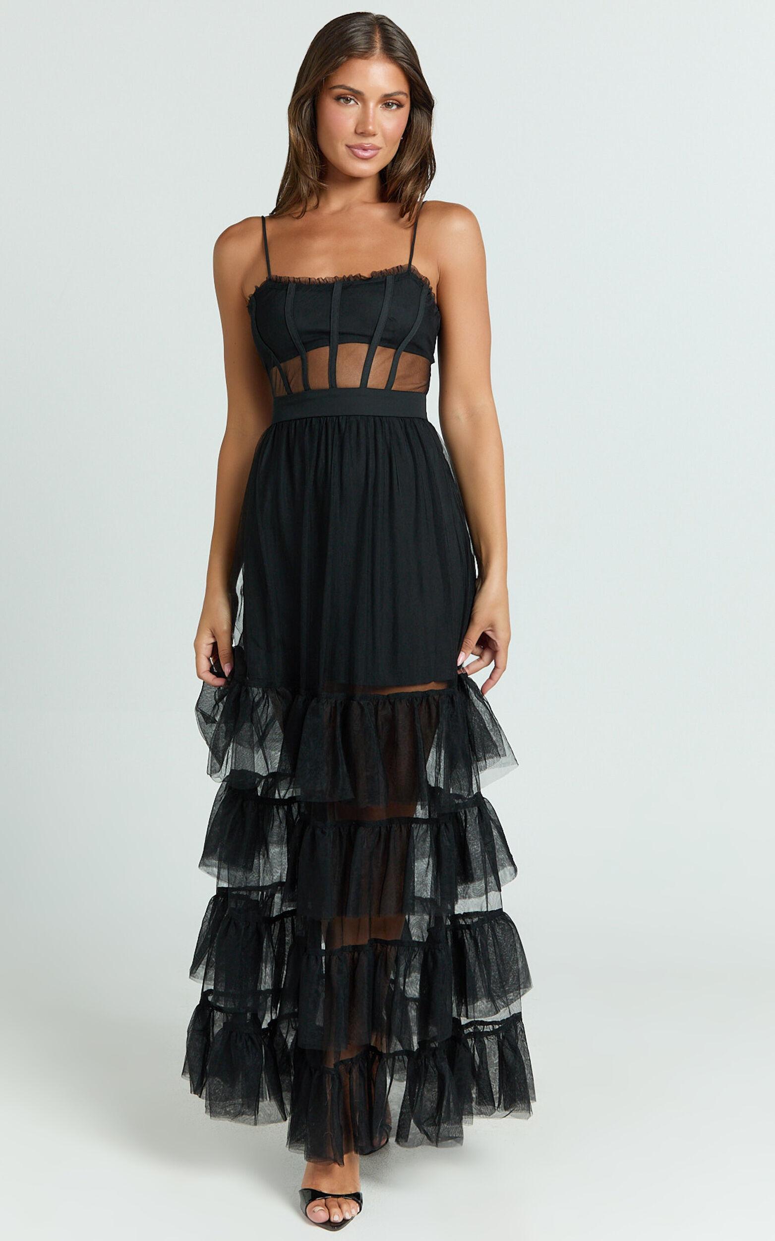Evelynn Midi Dress - Sweetheart Corset Bodice Fit & Flare Tiered in Black Product Image