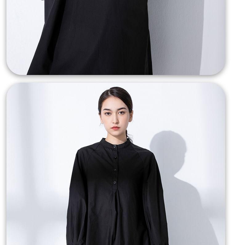 Long-Sleeve Stand Collar Plain Half-Buttoned Tunic Dress Product Image