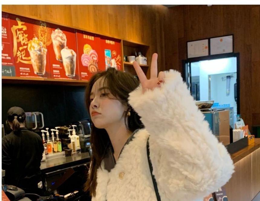 Round Neck Plain Faux Fur Double Breasted Jacket Product Image