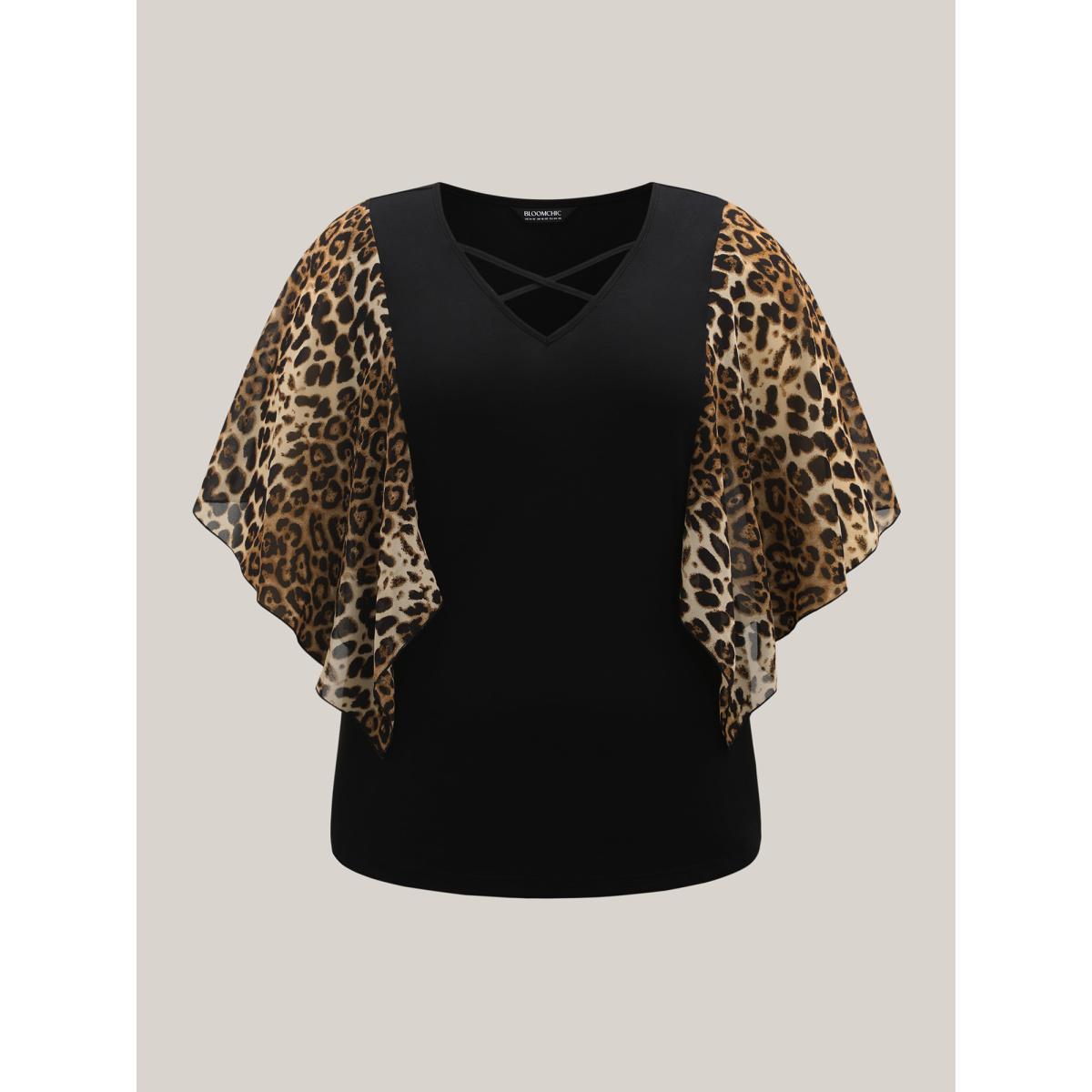 Plus Size Leopard Spliced Tied Flared Sleeve T-Shirt Black Women Casual Contrast V-neck Everyday T-shirts BloomChic 26/4X Product Image