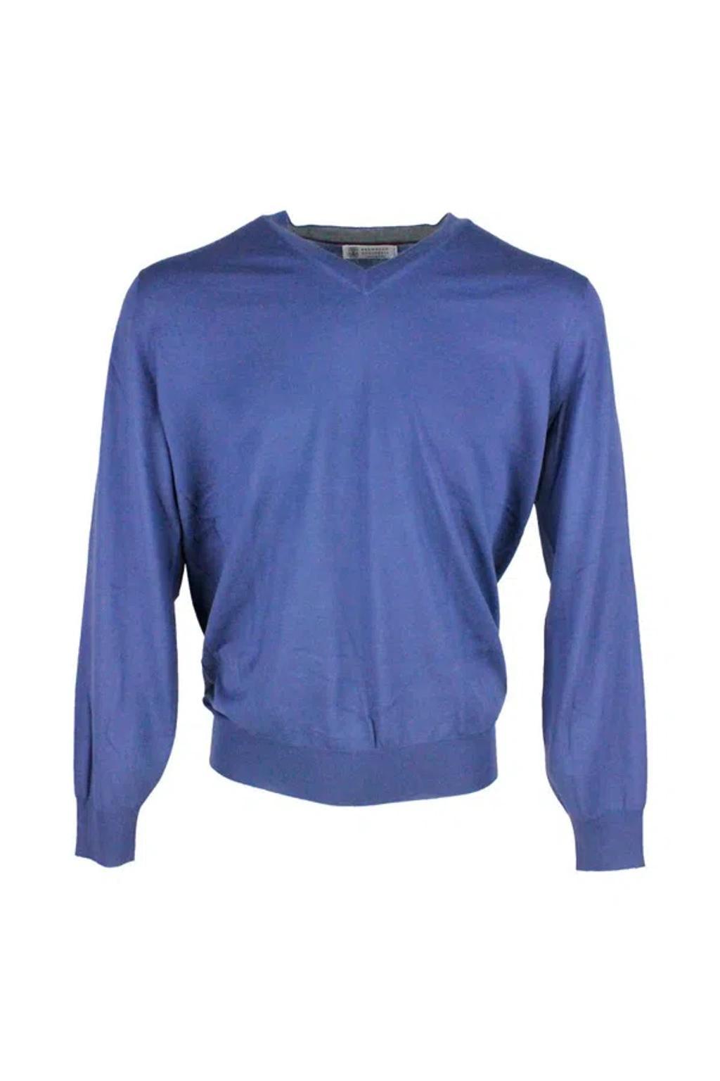 BRUNELLO CUCINELLI Long-sleeved V-neck Sweater In Light Blue Product Image