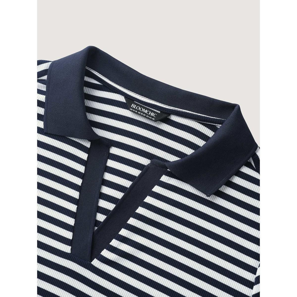 Plus Size Polo Collar Stripes Contrast T-Shirt Indigo Women Contrast Polo Everyday-Casual T-shirts BloomChic 18-20/2X Product Image