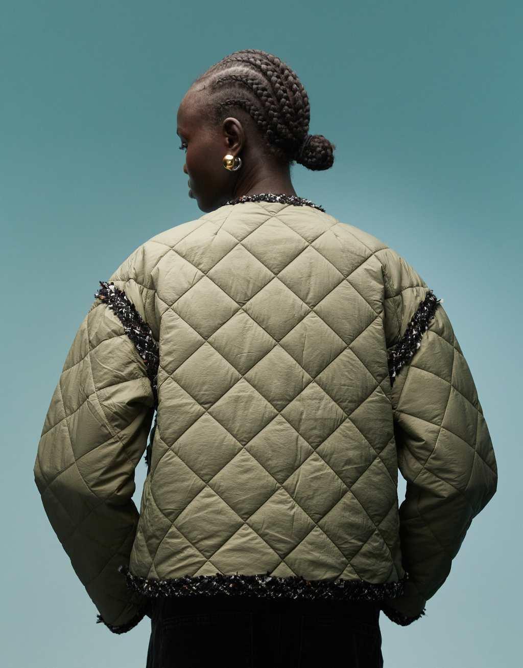 BIMBA Y LOLA lightweight puffer jacket with contrast trim in khaki Product Image