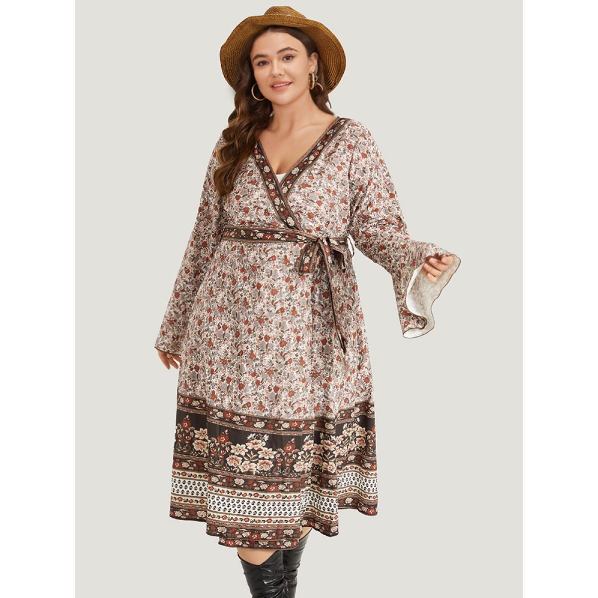 Plus Size Bandana Print Belted Open Front Bell Sleeve Kimono Women Maroon Resort Belted Loose Belt Vacation Kimonos BloomChic 26/4X Product Image