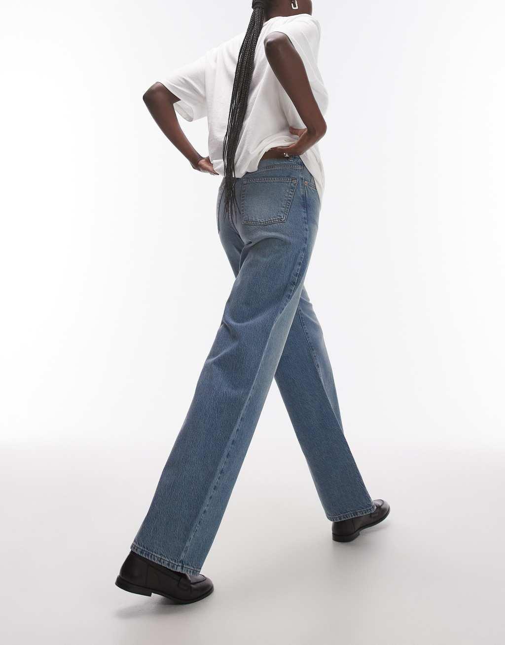 Topshop Tall mid rise loose fit straight jeans in mid blue Product Image