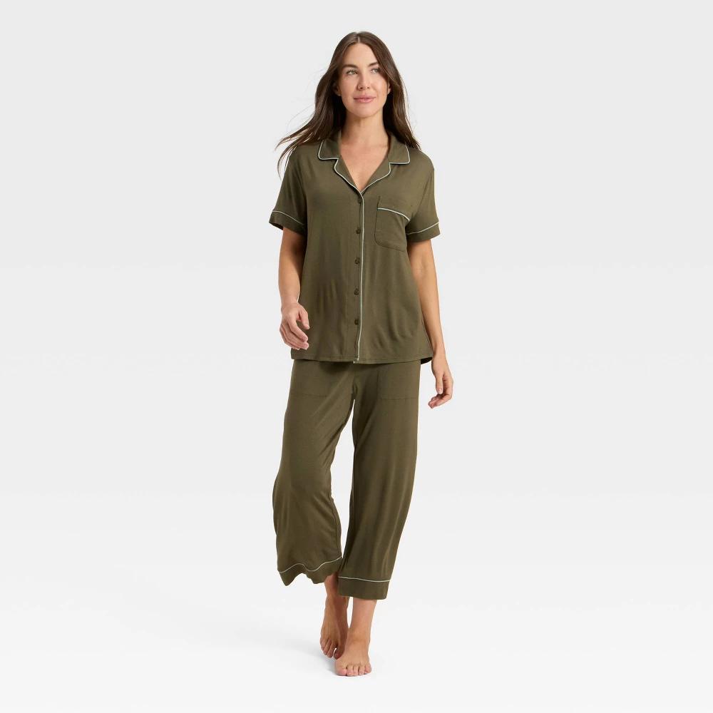 Women's Cloud Knit Short Sleeve Notch Collar Top and Cropped Pants Pajama Set - Auden™ Product Image