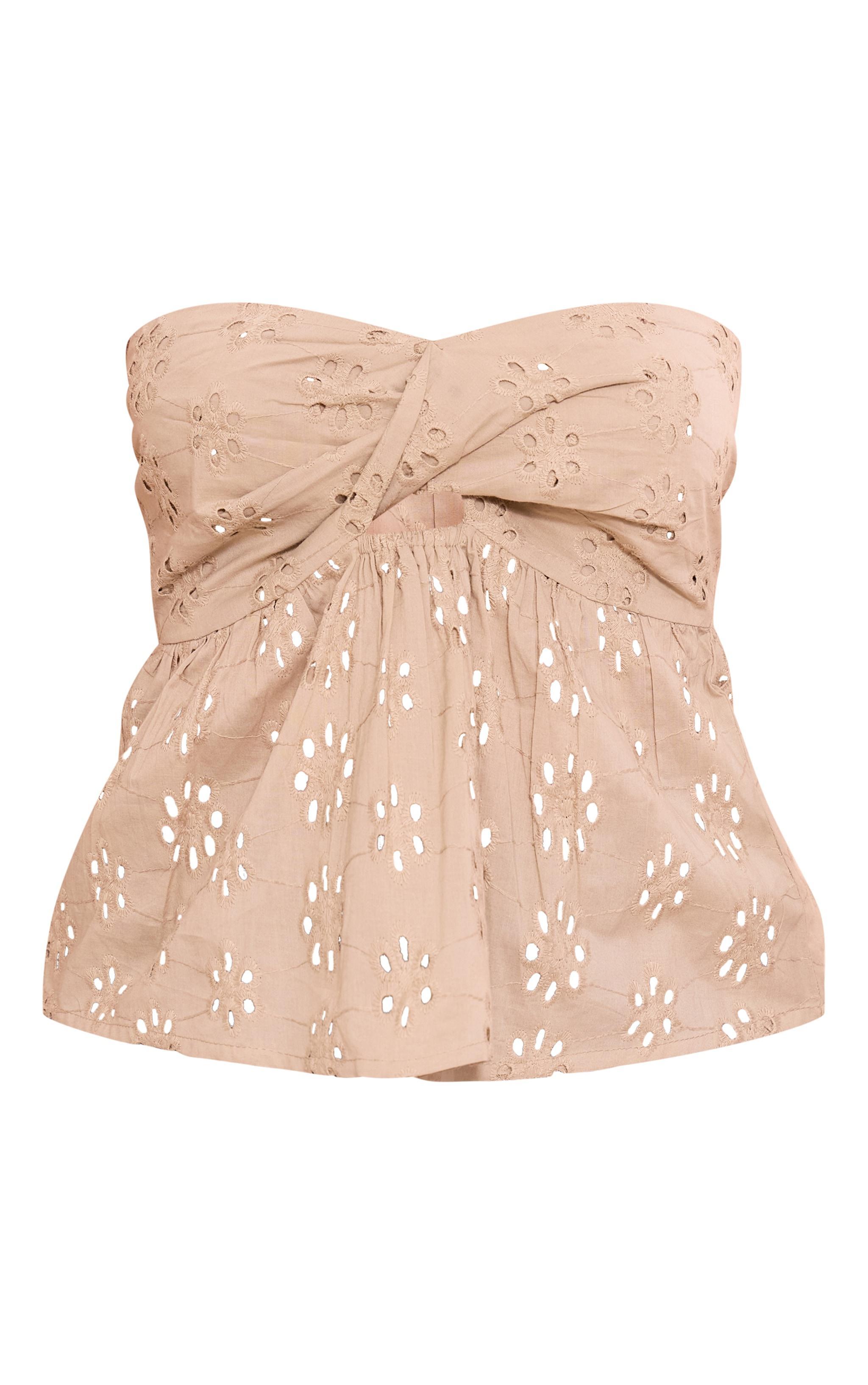 Taupe Broderie Anglaise Bandeau Crop Top Product Image