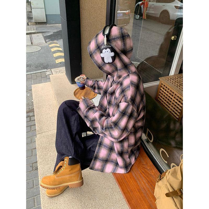 Plaid Hood Fleece-Lined Button Jacket Product Image