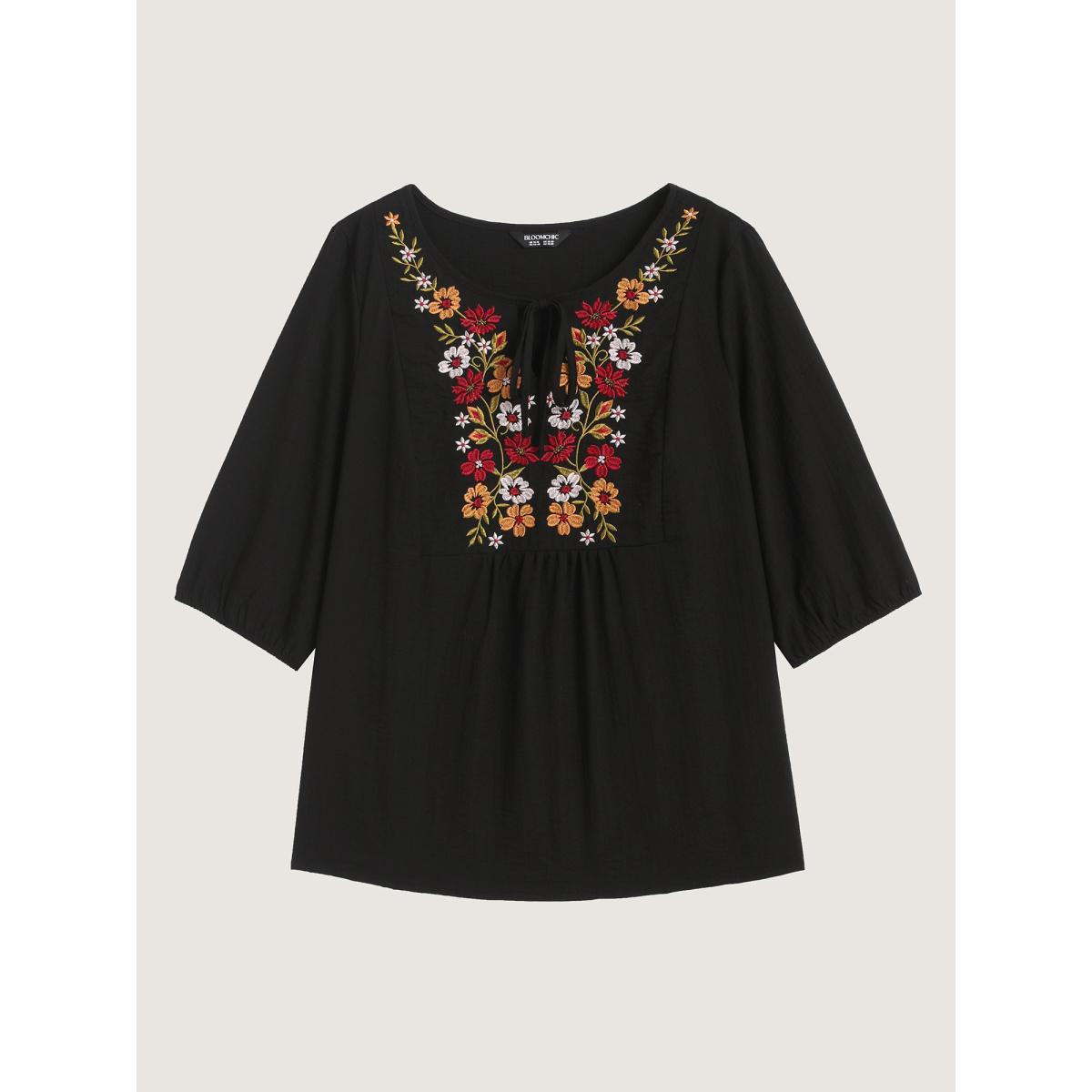 Plus Size Black Floral Embroidered Tie Knot Lantern Sleeve Blouse Women Resort Elbow-length sleeve V-neck Vacation Blouses BloomChic 18-20/2X Product Image