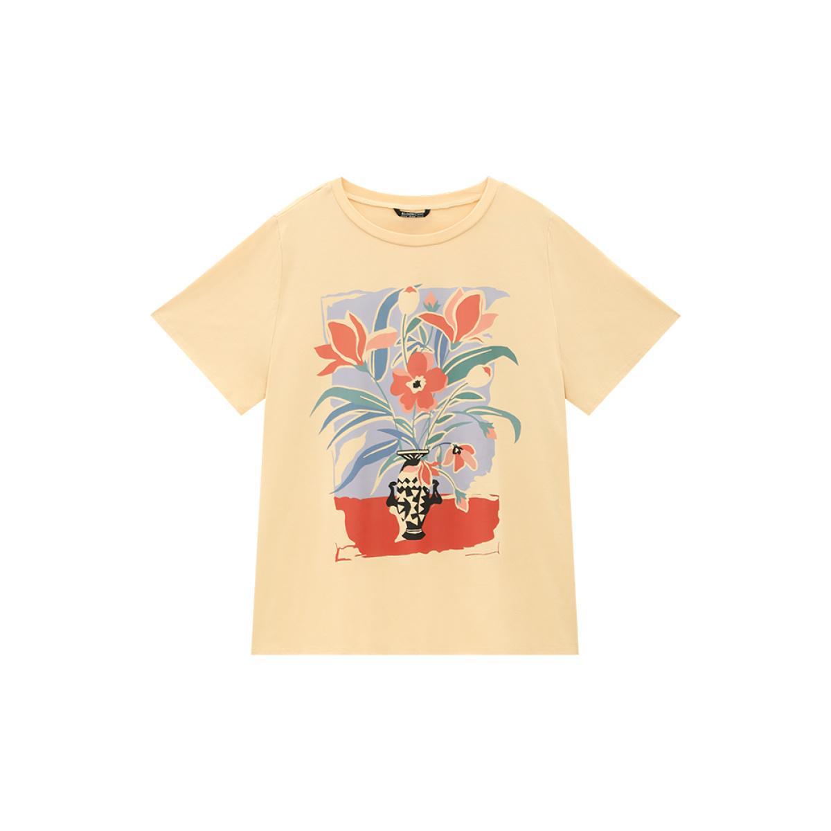 Plus Size Floral Print Drop Shoulder Soft Graphic Tee Champagne Women Casual Plain Natural Flowers Dailywear T-shirts BloomChic 14-16/1X Product Image