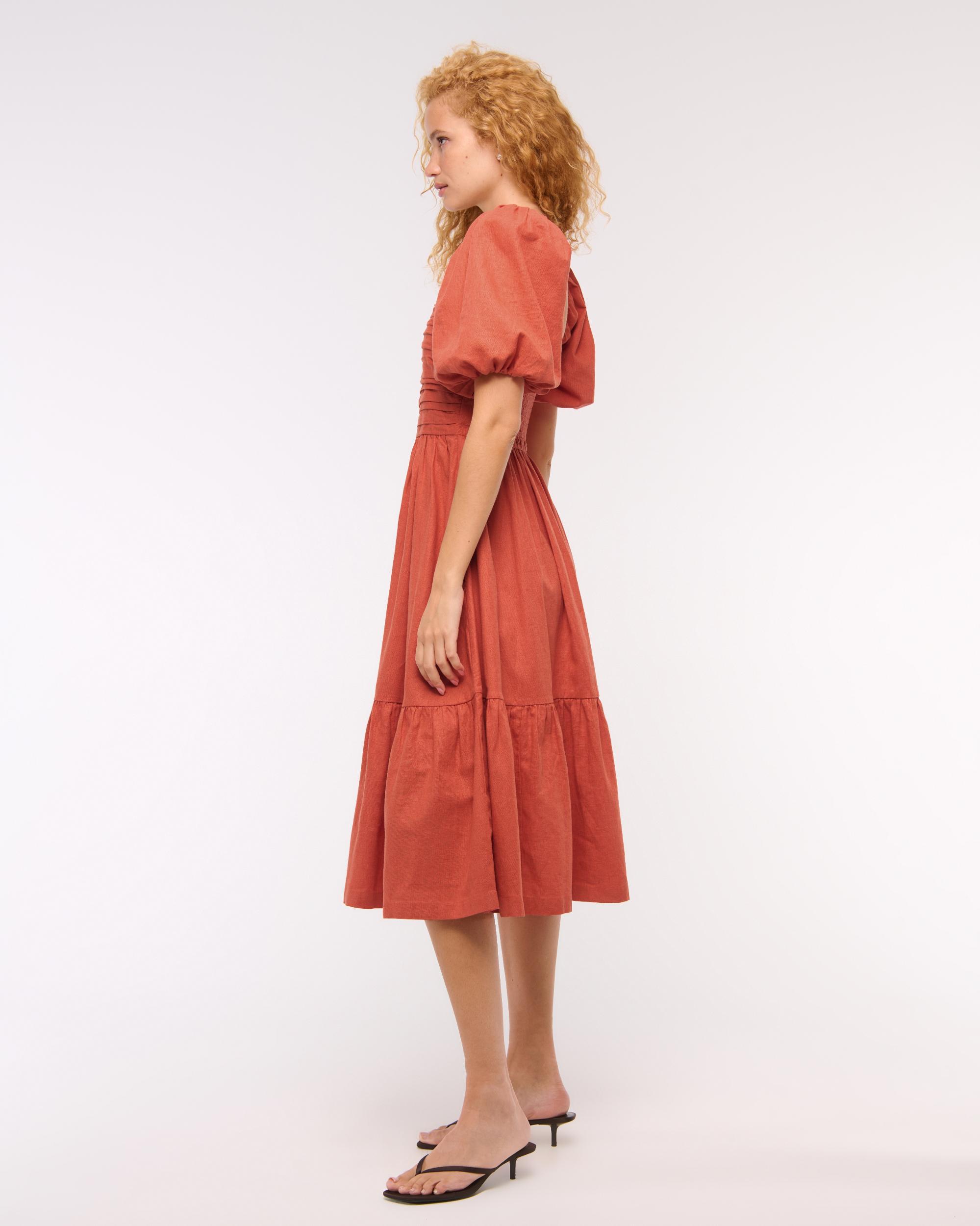 The A&F Emerson Linen-Blend Puff Sleeve Midi Dress Product Image