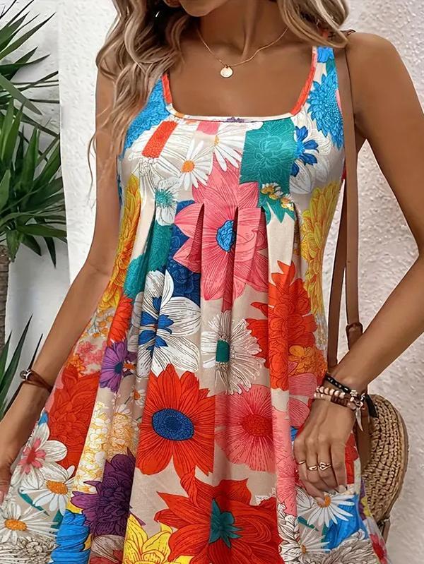 A-Line High Waisted Flower Print Pleated Round-Neck Mini Dresses Product Image