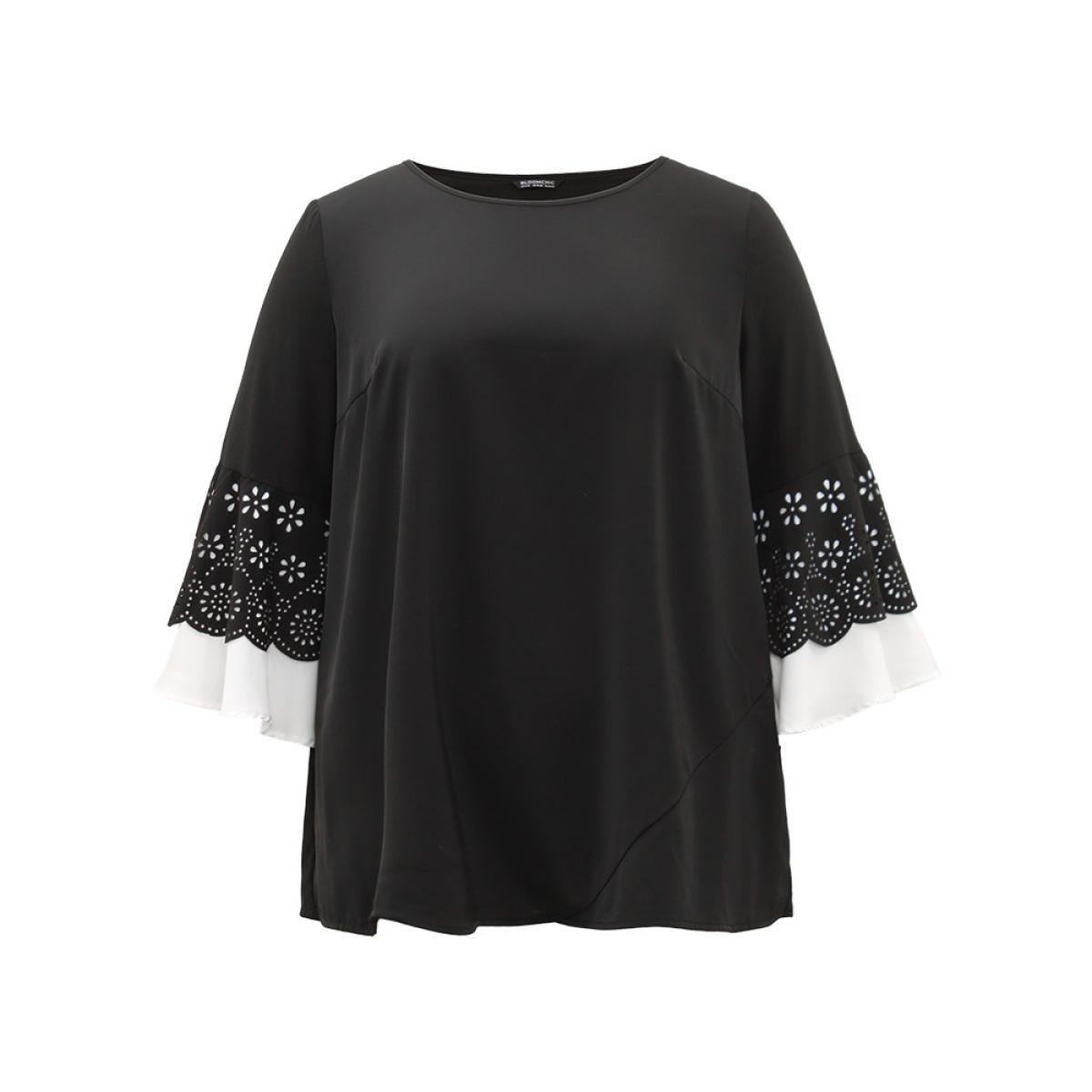 Plus Size Black Anti-Wrinkle Laser Cut Contrast Ruffles Blouse Women Office Long Sleeve Round Neck Work Blouses BloomChic 12/L Product Image