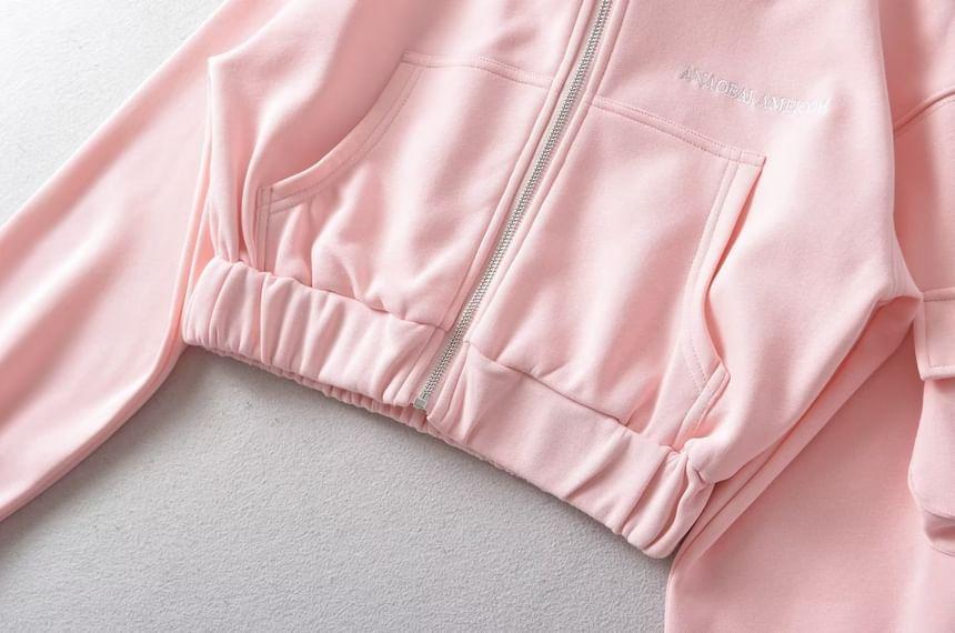 Lettering Crop Zip-Up Hoodie Product Image