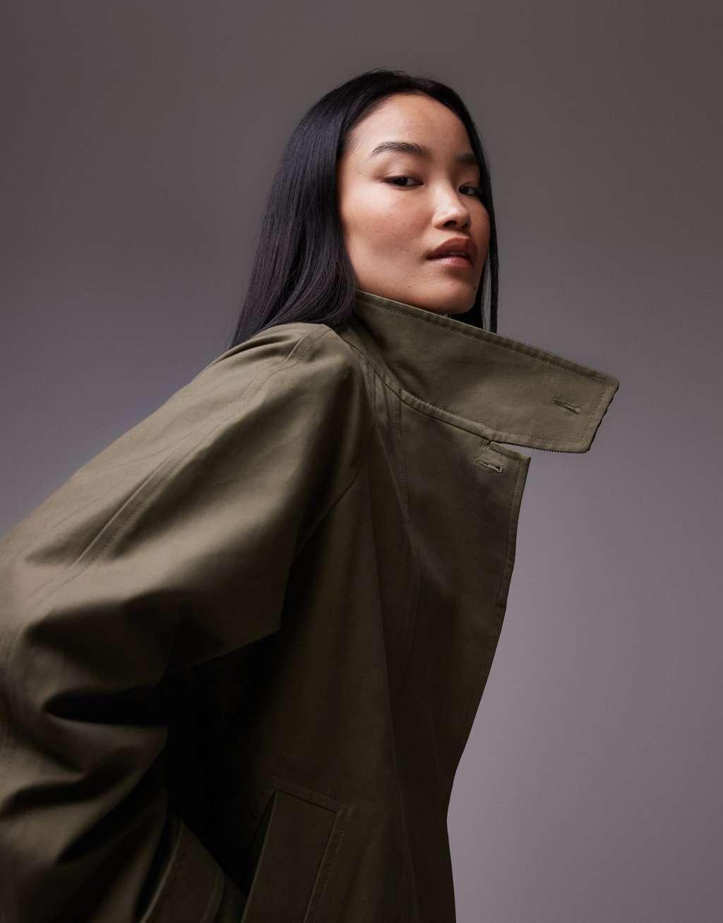 ARKET waxed cotton trench jacket in khaki green Product Image