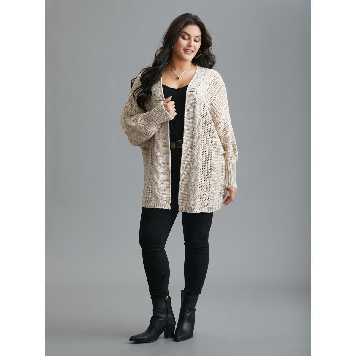 Plus Size Cable Knit Open-Front Ribbed Knit Cardigan Apricot Women Casual Loose Long Sleeve Everyday Cardigans BloomChic 30/6X Product Image