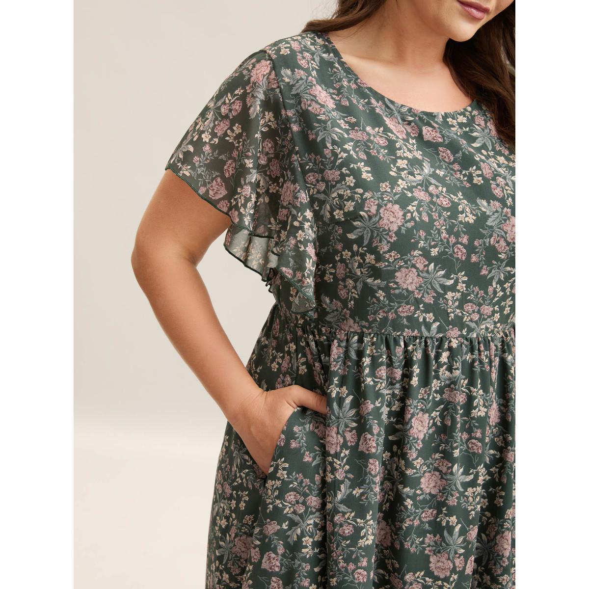 Plus Size Chiffon Floral Print Ruffled Midi Dress Greenbean Women Elegant Ruffles Round Neck Short sleeve Curvy BloomChic 10/M Product Image