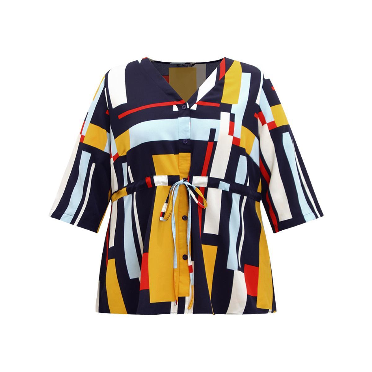 Plus Size Multicolor Geometric Contrast Drawstring Button Up Blouse Women Office Elbow-length sleeve V-neck Work Blouses BloomChic 22-24/3X Product Image