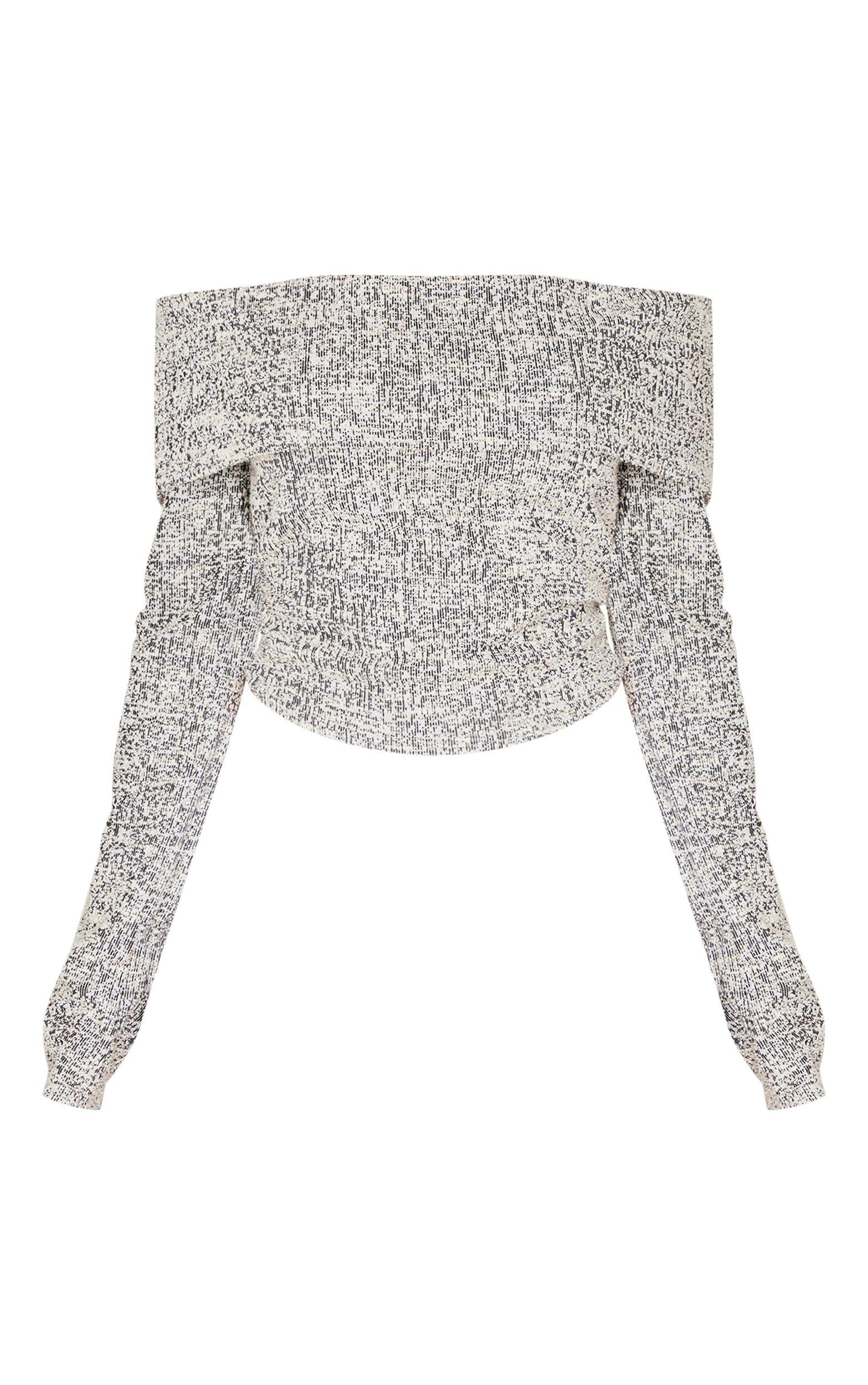 Grey Boucle Fold Over Bardot Long Sleeve Top Product Image