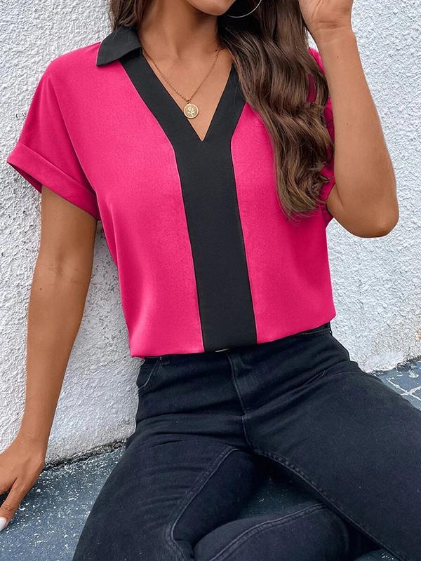 Loose Short Sleeves Contrast Color V-Neck T-Shirts Tops Product Image
