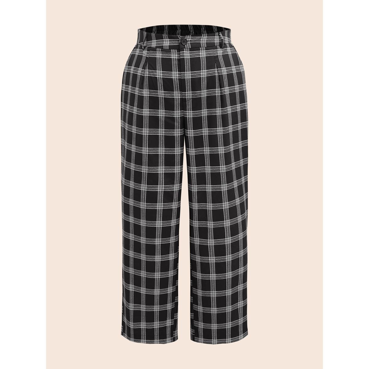 Plus Size Plaid Mid Rise Wide Leg Pants Women Black At the Office Wide Leg Mid Rise Work Pants BloomChic 10/M Product Image
