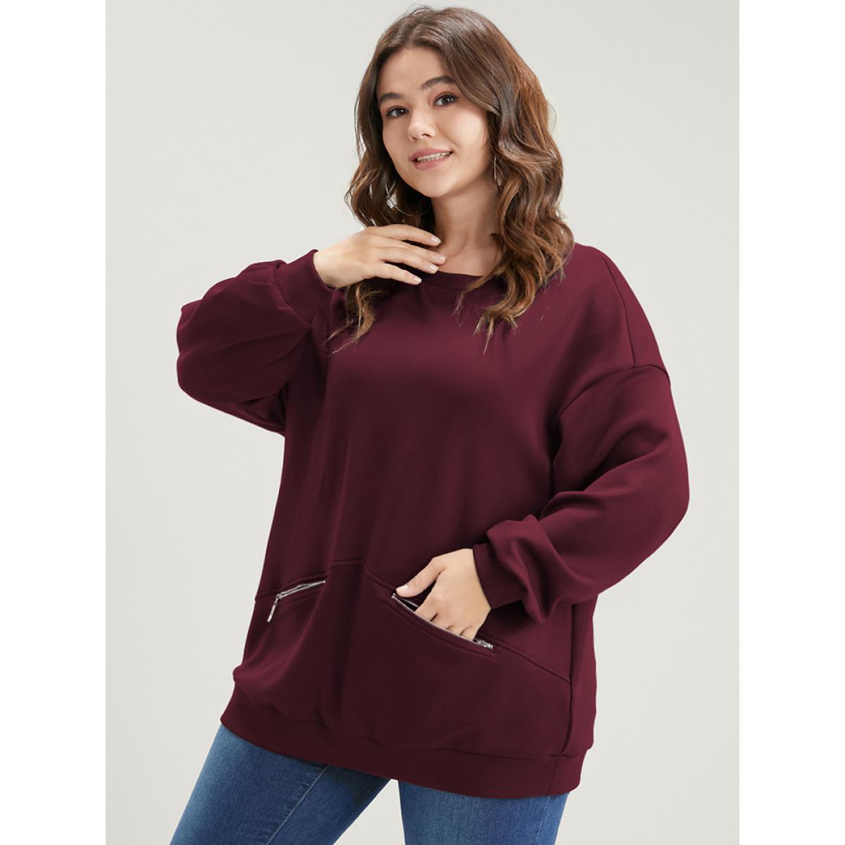 Plus Size Solid Zipper Pocket Drop Shoulder Sweatshirt Women Burgundy Casual Zipper Round Neck Dailywear Sweatshirts BloomChic 10/M Product Image
