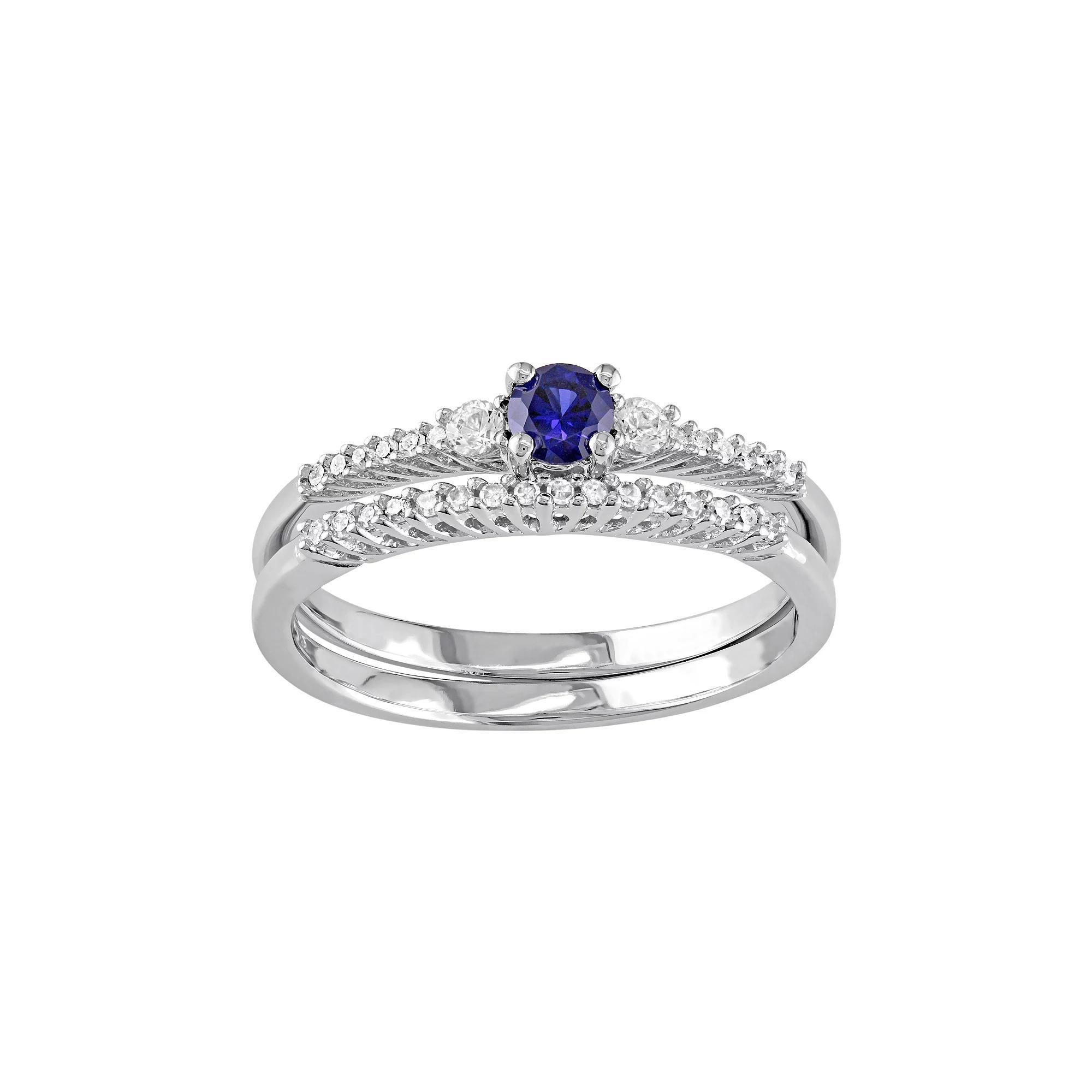 Stella Grace Sterling Silver 1/10 Carat T.W. Diamond & Lab-Created Blue & White Sapphire Engagement Ring Set, Women's, Size: 8 Product Image