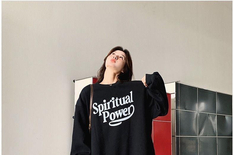 Long-Sleeve Crew Neck Lettering Mock Two-Piece Maxi Sweatshirt Dress Product Image