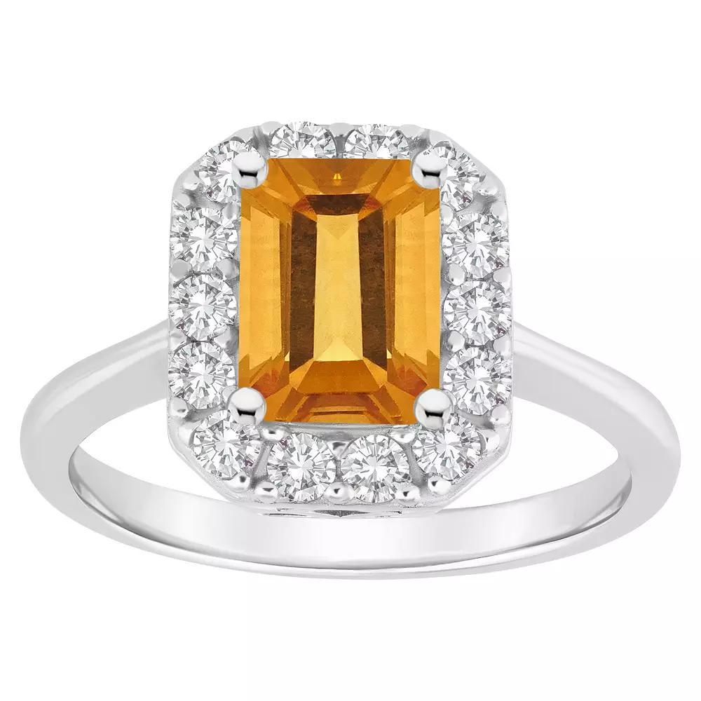 Celebration Gems Sterling Silver Emerald Cut Gemstone Halo Ring, Women's, Size: 7, Citrine Product Image
