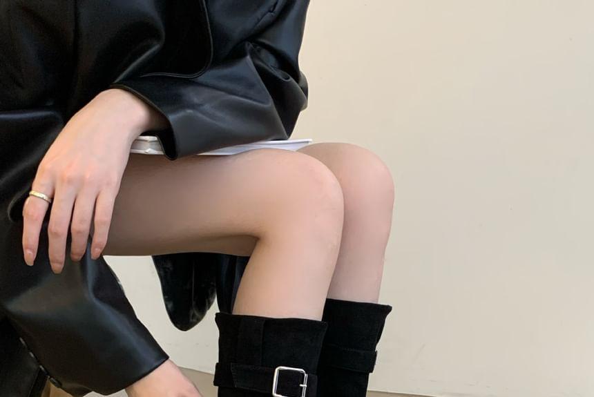 Block Heel Square Toe Plain Buckled Faux Suede Flip-Flops Mid-Calf Boots Product Image