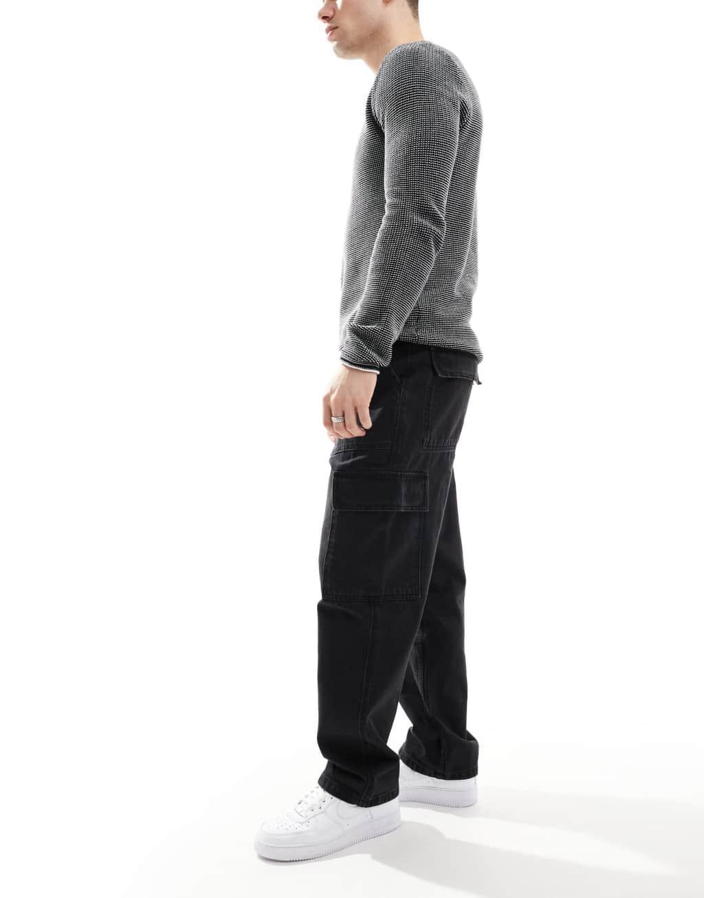 Pull&Bear straight fit contrast stitch cargo jeans in black Product Image