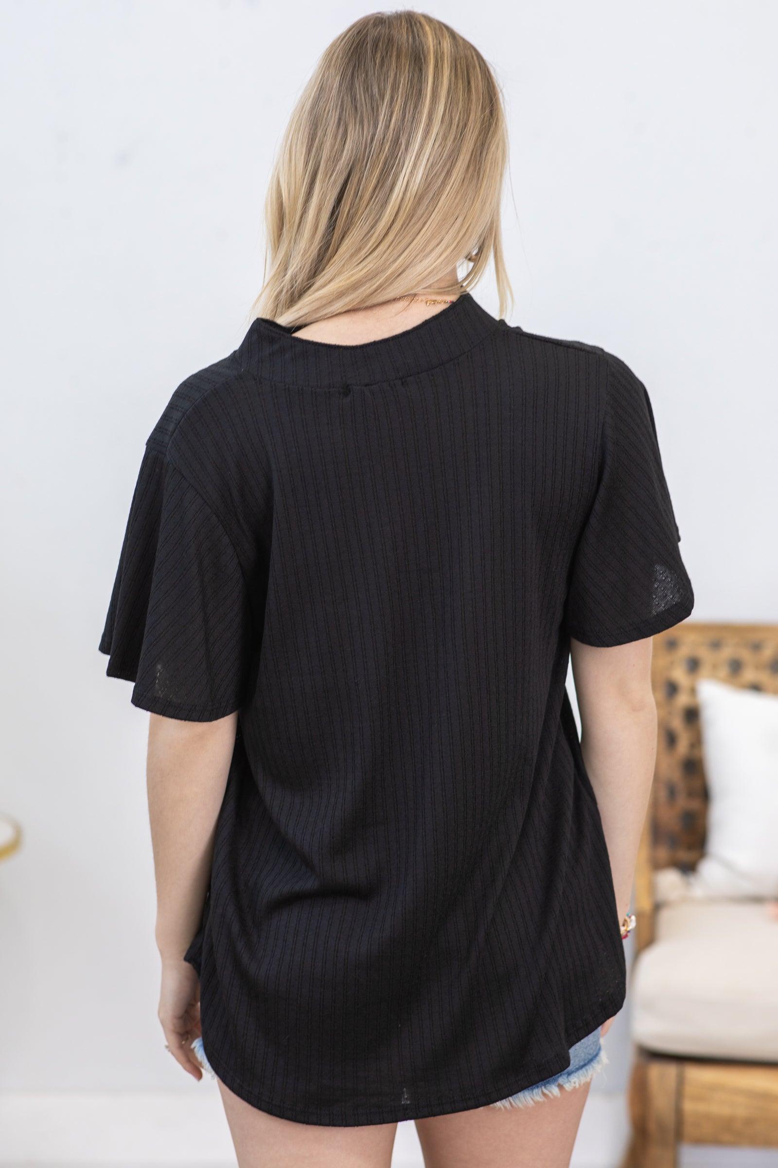 Black Mandarin Collar Neck Knit Top Product Image