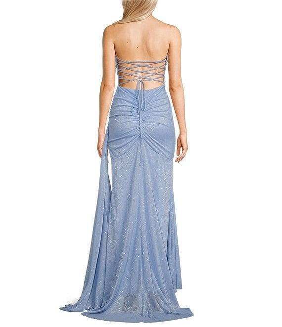 Jump Glitter Strapless Lace Up Back Side Sash Gown Product Image