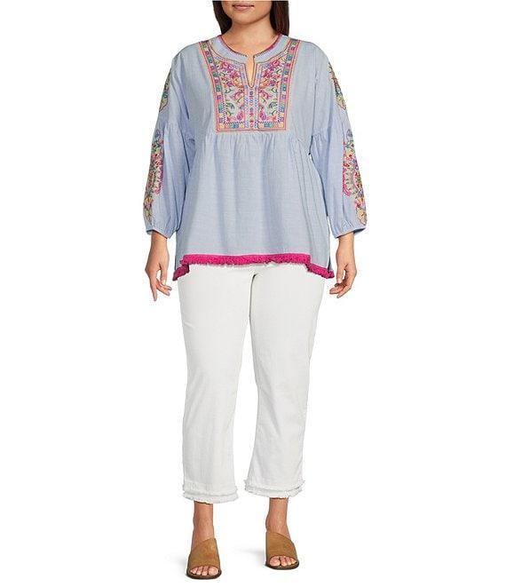 Calessa Plus Size Embroidered Patchwork Split Round V-Neck 3/4 Sleeve Tunic Product Image