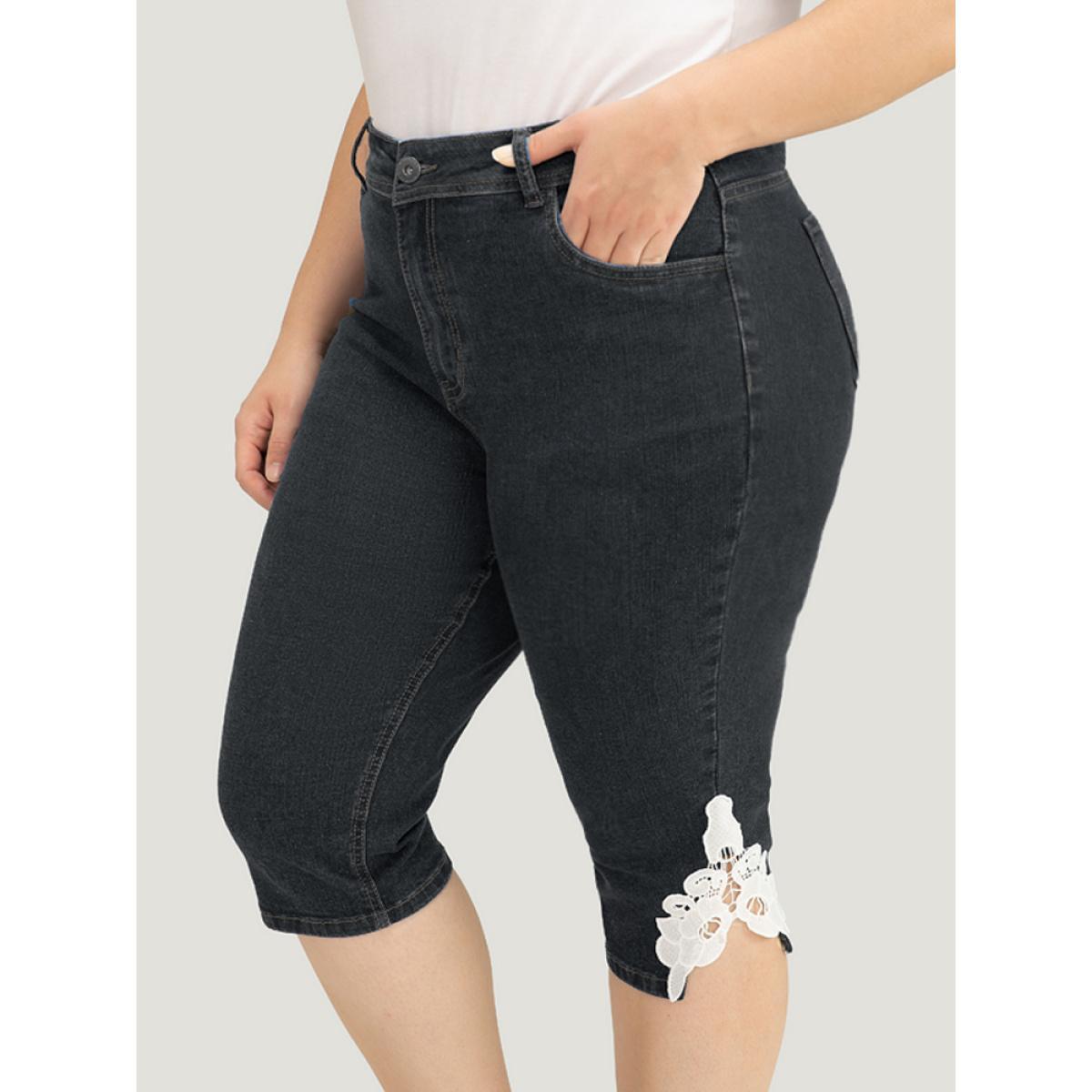 Plus Size Very Stretchy High Rise Medium Wash Guipure Lace Knee Denim Shorts Women DimGray High stretch Everyday Patch pocket Casual Denim Shorts BloomChic 10/M Product Image